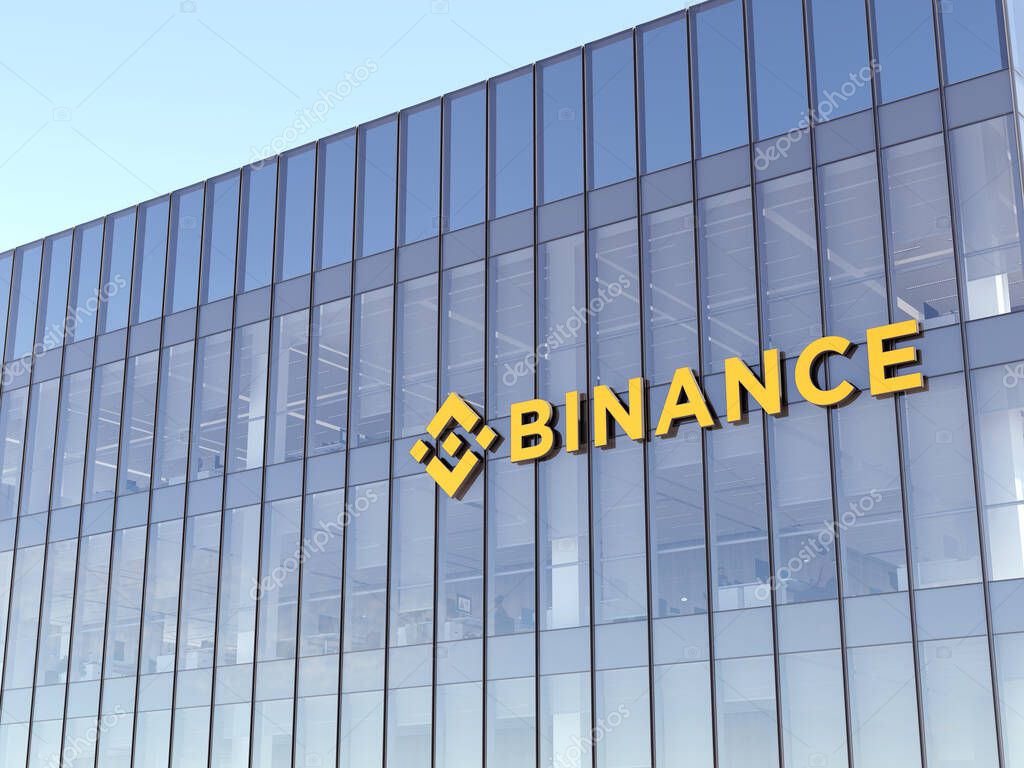 Cayman Islands, Mahe, Seychelles. October 31, 2021, Editorial Use Only, 3D CGI. Binance Signage Logo on Top of Glass Building. Workplace Cryptocurrency Exchange Company Trading Office Headquarters.
