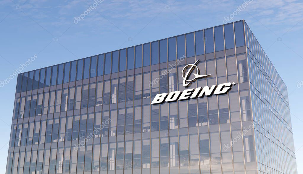 Chicago, Illinois, USA. November 6, 2021. Editorial Use Only, 3D CGI. Boeing Signage Logo Top Glass Building. Workplace of American Multinational Aerospace Corporation Company Office Building.