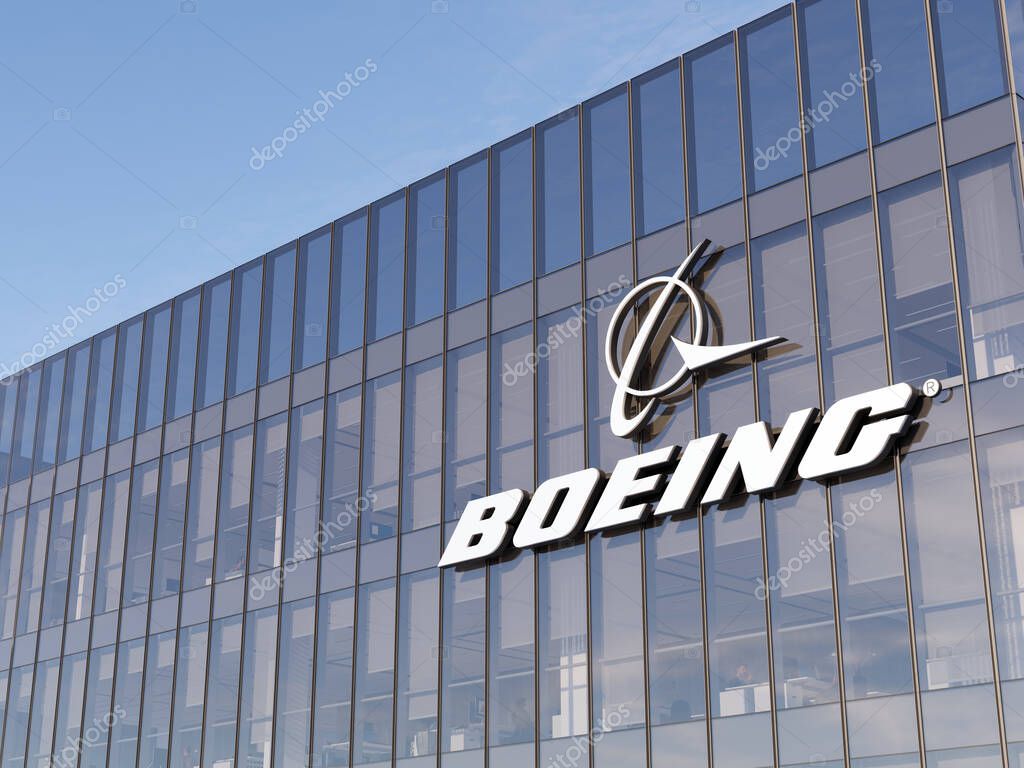 Chicago, Illinois, USA. November 6, 2021. Editorial Use Only, 3D CGI. Boeing Signage Logo Top Glass Building. Workplace of American Multinational Aerospace Corporation Company Office Building.