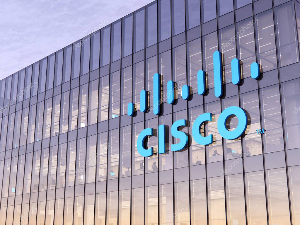 San Jose, CA, USA. December 7, 2021. Editorial Use Only, 3D CGI. Cisco Signage Logo Top of Glass Office Building. Workplace Networking Cardware Company American Developer Manufacturer Headquarters.