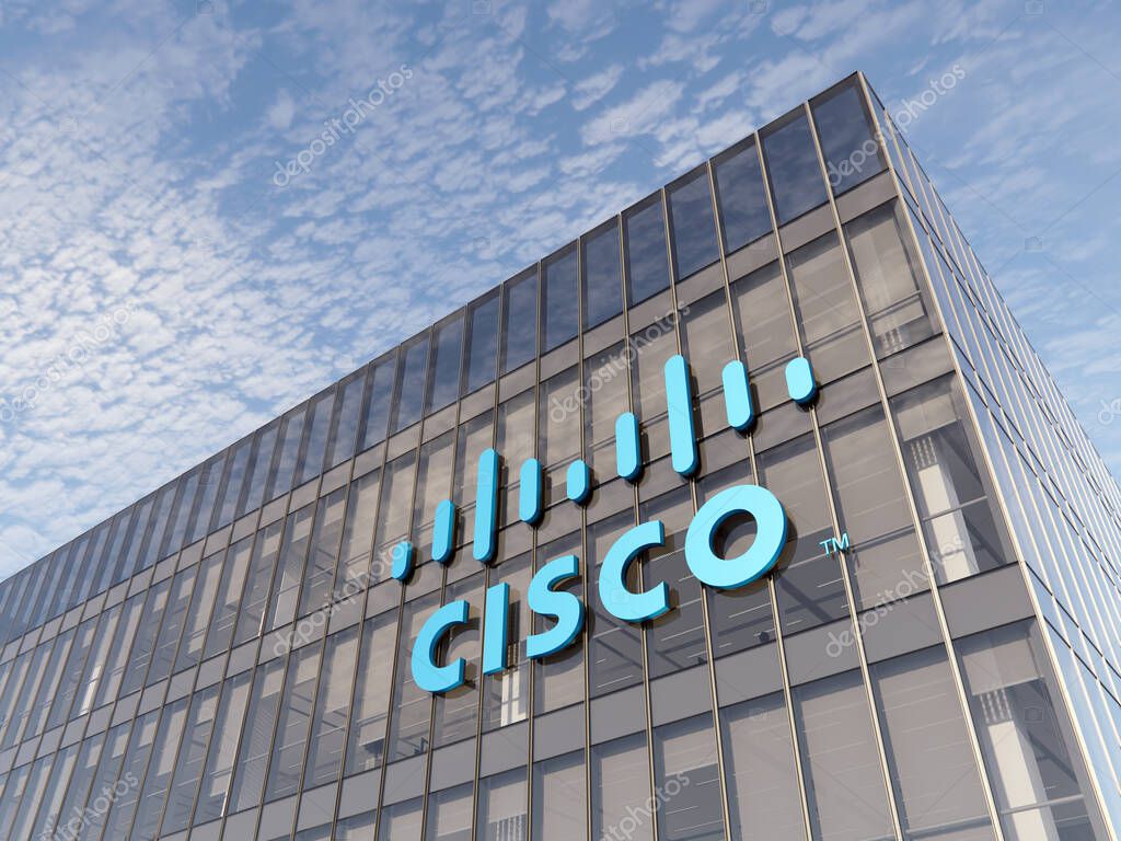 San Jose, CA, USA. December 7, 2021. Editorial Use Only, 3D CGI. Cisco Signage Logo Top of Glass Office Building. Workplace Networking Cardware Company American Developer Manufacturer Headquarters.