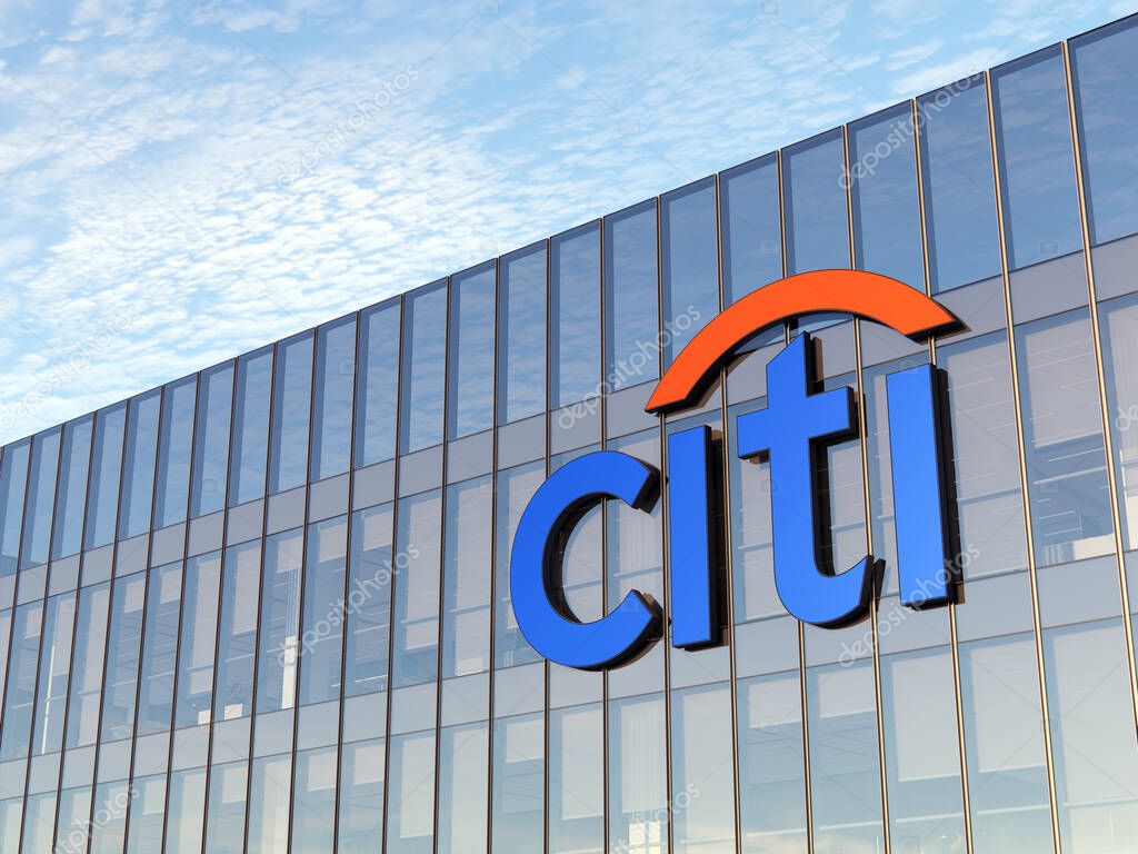 New York, USA. December 5, 2021. Editorial Use Only, 3D CGI. Citi Signage Logo on Top of Glass Building. Citigroup Workplace Financial Services Company in High-rise Office Headquarters.