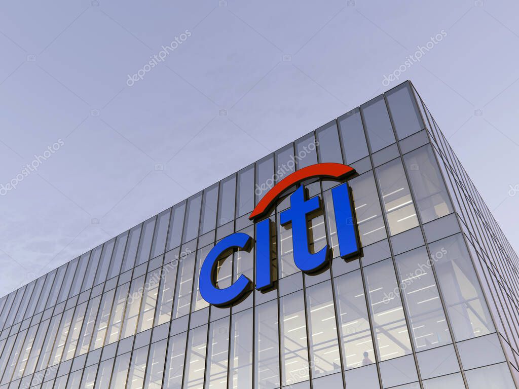 New York, USA. December 5, 2021. Editorial Use Only, 3D CGI. Citi Signage Logo on Top of Glass Building. Citigroup Workplace Financial Services Company in High-rise Office Headquarters.