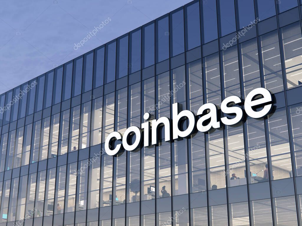 New York, United States. November 21, 2021, Editorial Use Only, 3D CGI. Coinbase Signage Logo on Top of Glass Building. Workplace Cryptocurrency Exchange Company Trading Office Headquarters.