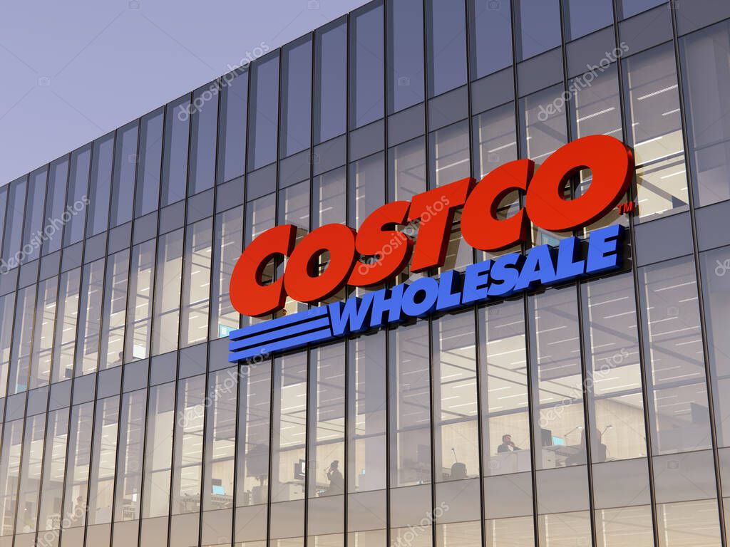 Issaquah, WA, USA. December 11, 2021. Editorial Use Only, 3D CGI. Costco Wholesale Signage Logo Top of Glass Building. Workplace of Big-box Store Company. Office Headquarters.
