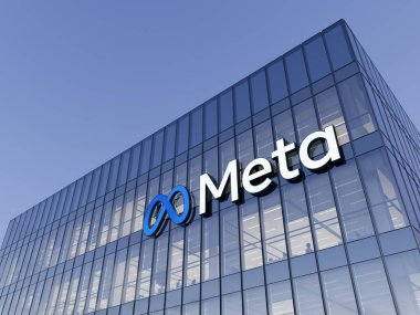 Menlo Park, Kaliforniya, ABD. 9 Ocak 2022. Sadece Editoryal Kullanım, 3D CGI. Cam Binanın tepesindeki Meta İmza Logosu. Metaverse İş yeri Teknolojisi Servis Şirketi Yüksek Binalar Ofisi Genel Merkezi.