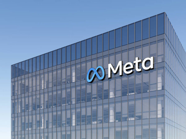Menlo Park, California, USA. January 9, 2022. Editorial Use Only, 3D CGI. Meta Signage Logo on Top of Glass Building. Metaverse Workplace Technology Service Company High-rise Office Headquarters.