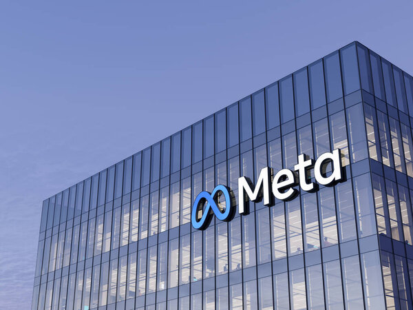 Menlo Park, California, USA. January 9, 2022. Editorial Use Only, 3D CGI. Meta Signage Logo on Top of Glass Building. Metaverse Workplace Technology Service Company High-rise Office Headquarters.