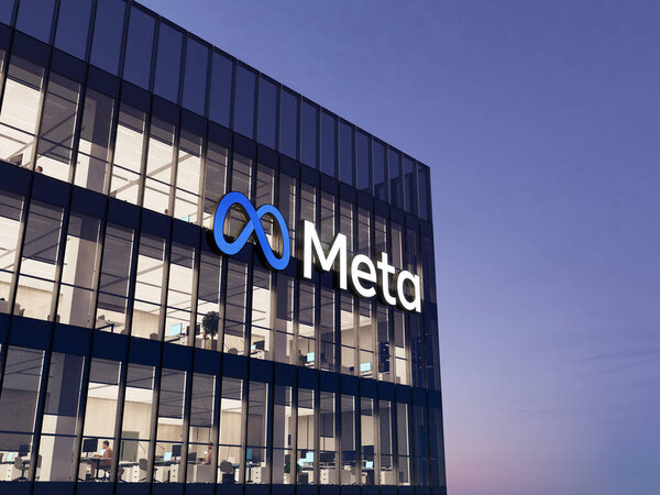 Menlo Park, California, USA. January 9, 2022. Editorial Use Only, 3D CGI. Meta Signage Logo on Top of Glass Building. Metaverse Workplace Technology Service Company High-rise Office Headquarters.