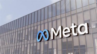Menlo Park, Kaliforniya, ABD. 9 Ocak 2022. Sadece Editoryal Kullanım, 3 boyutlu CGI animasyonu. Meta İmza Logosu Üst Cam Bina. Metaverse İş yeri Teknolojisi Servis Şirketi Yüksek Binalar Ofisi Genel Merkezi.