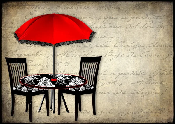 Patio with red umbrella (French Background in Writing) — Stock Photo, Image