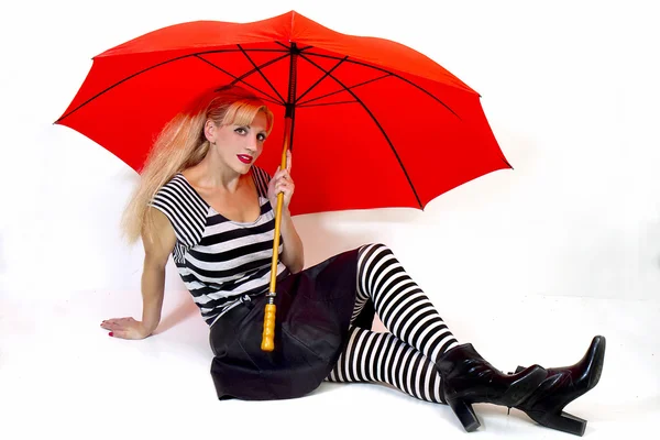 Woman Wearing Bold Black and White with Red Umbrella — Stock Photo, Image