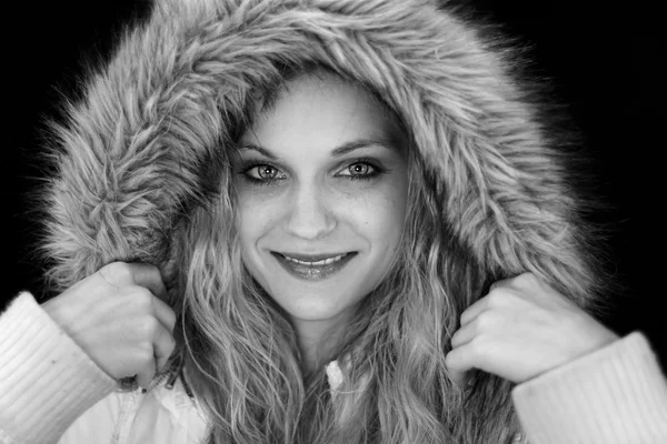 Black and White Image of Girl with Fur Hood — Stock Photo, Image