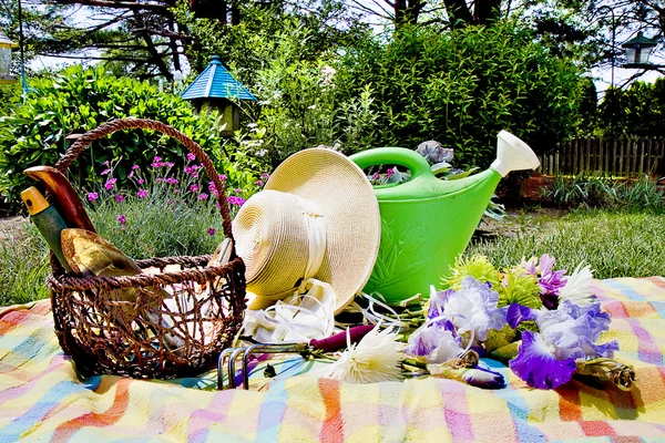 Ferramentas de jardinagem e chapéu — Fotografia de Stock