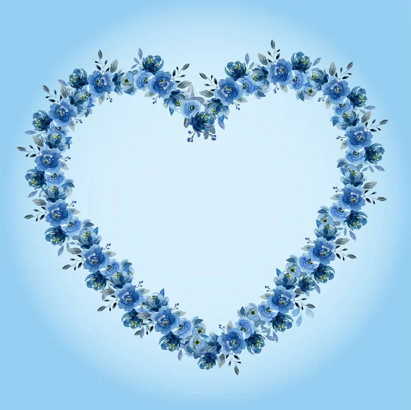 Pretty Delicate Watercolor Blue Roses Shape Heart Gradient Blue Background — Stock Photo, Image