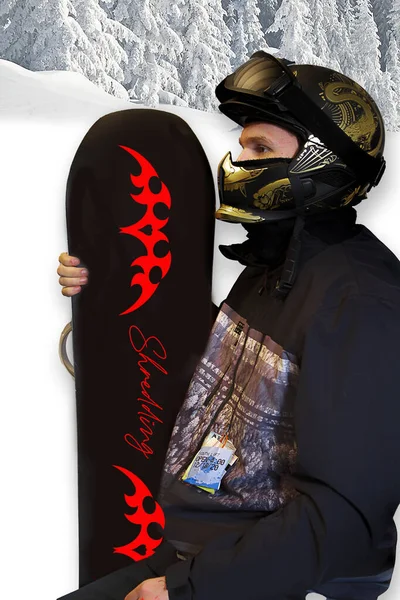 Joven Snowboarder Con Gran Snowboard Rojo Negro Una Variedad Poses —  Fotos de Stock