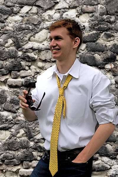 Very Cool Tall Young Man Standing Next Stone Wall Wearing — Stock Photo, Image