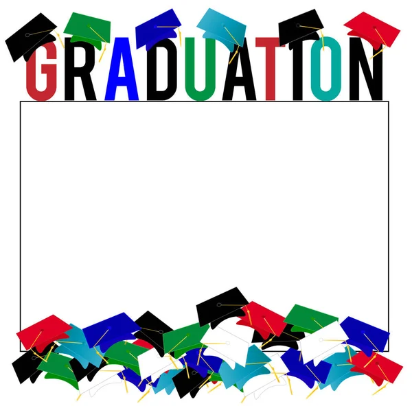 Ilustração Gráfica Com Texto Graduação Cercada Por Multicores Bonés Graduação — Fotografia de Stock