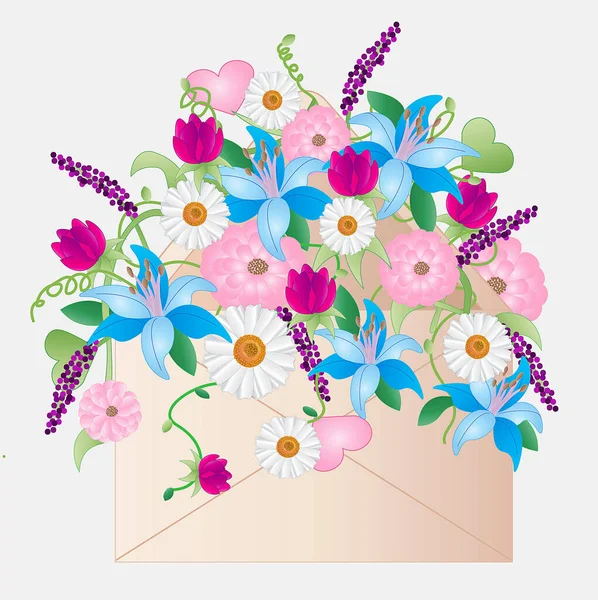 Graphic Illustration Concept Large Assortment Colorful Flowers Envelope Isolated White — Stock Photo, Image