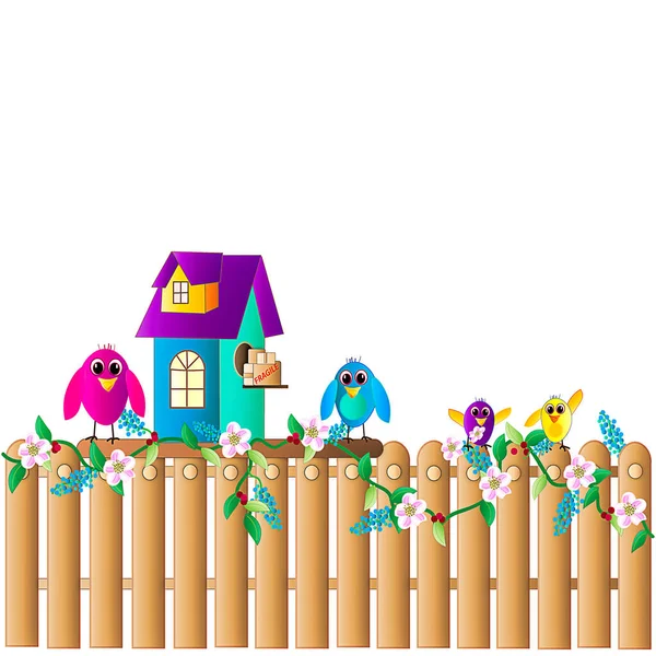 A family of birds perched on a fence where their new birdhouse stands.  Moving day for them showing boxes outside of birdhouse ready to be unpacked.  Illustration graphic.