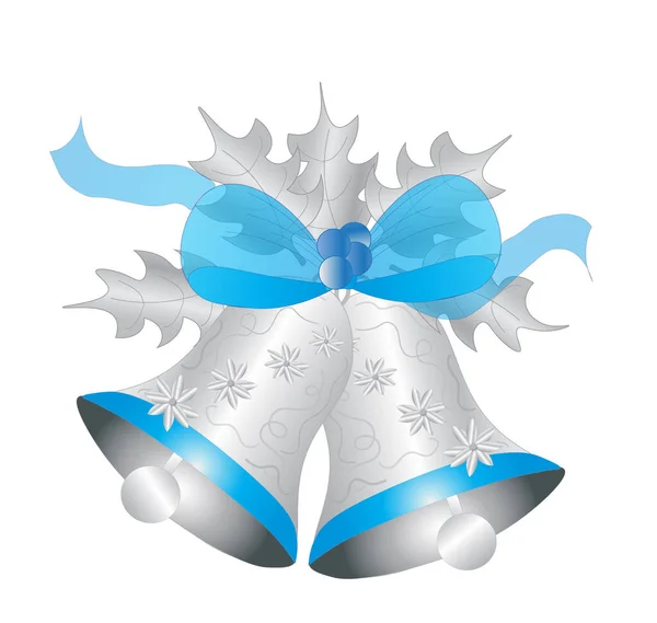 Christmas Silver Blue Graphic Bells Blue Ribbon Isolated White Background — Stockfoto