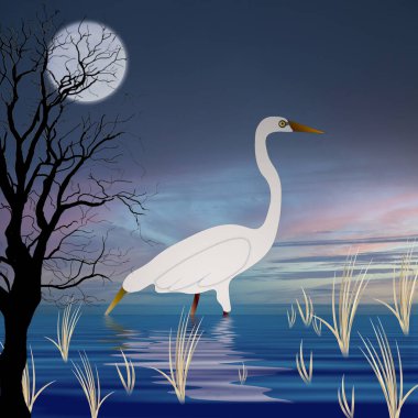 Graphic illustration of a tall white egret wading the waters with reflections in the water and a moon above at sunset.