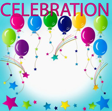Balon ve yıldızlardan oluşan parlak renkli şenlikli parti arkaplanı grafiği. Merkezde bir metin alanı olan beyaz ve mavi gradyan arkaplanda izole edilmiş.