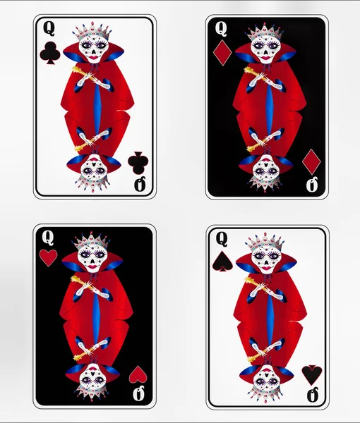 Fun with an abstract flare is this poker and/or playing cards focused on the queen of hearts, spades, clubs, and diamonds in bright blues, reds, golds, and black.