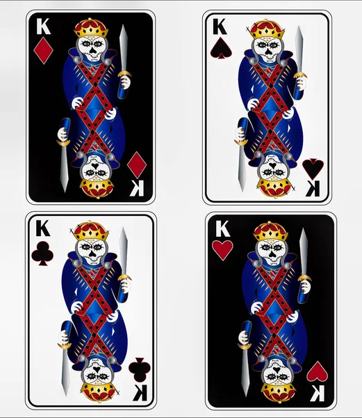 Fun with an abstract flare is this poker and/or playing cards focused on the King of hearts, spades, clubs, and diamonds in bright blues, reds, golds, and black.