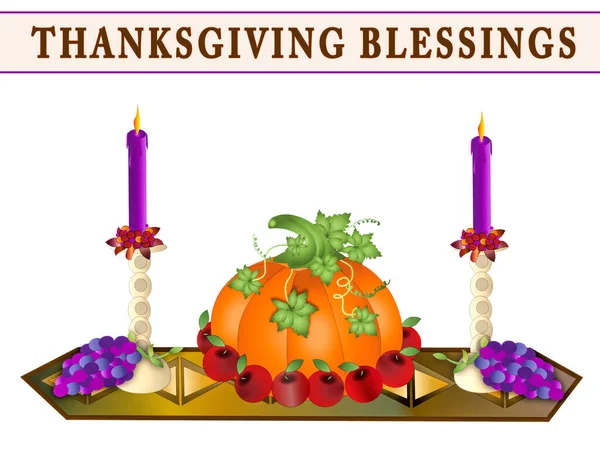 Thanksgiving Table Runner with purple candles and large pumpkin and grapes.  Isolated on white background.  Illustration