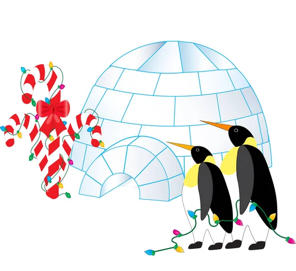 Two Penguins Decorating Igloo Candy Cane Tree Lights — Stock Photo, Image