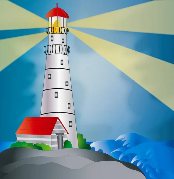 Graphic Illustration of a tall lighthouse as a beacon of light shed across the sea in the midst of a storm.Square image.