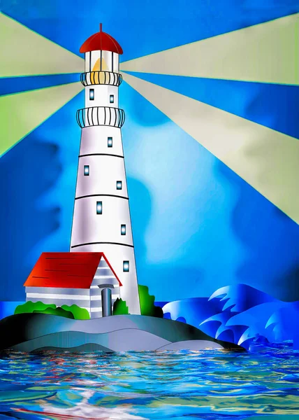 Graphic Illustration of a tall lighthouse as a beacon of light shed across the sea in the midst of a storm.  Rectangular image with flood waters surrounding the lighthouse.