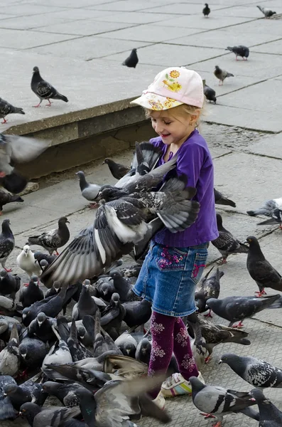 Niña alimentando palomas — Foto de Stock