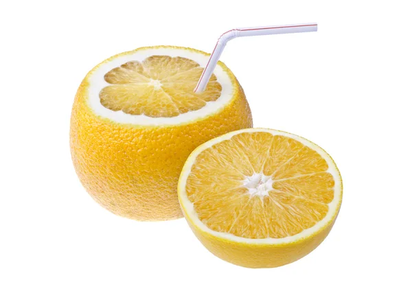 Orange with a straw for drinking fresh juice, isolated over whit — Stock Photo, Image