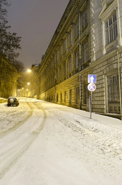 Piękny zimowy krajobraz w nocy - lodowych drzewa podświetlany przez lampy uliczne — Zdjęcie stockowe