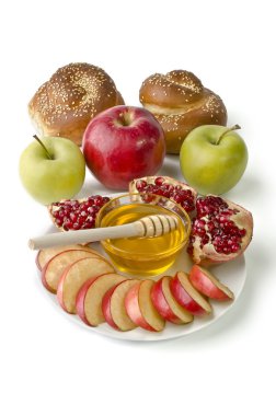 Natürmort - challah, elma, nar ve kase bal