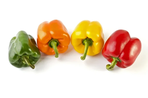 Четыре разноцветных перца расставлены в одну линию — стоковое фото