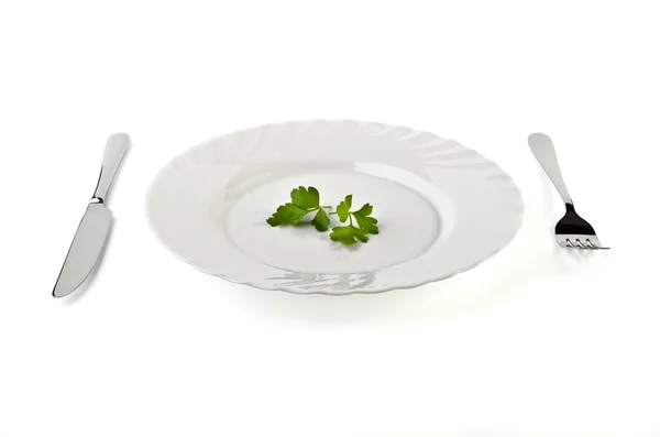 Serving - a plate with a leaf of parsley between the knife and f — Stock Photo, Image