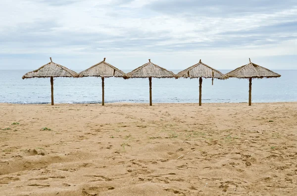 从荒芜海滩上芦苇到克里米亚的海滩遮阳伞 — 图库照片