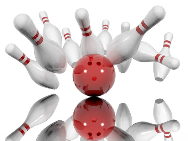 Bal crashen in bowling pinnen — Stockfoto