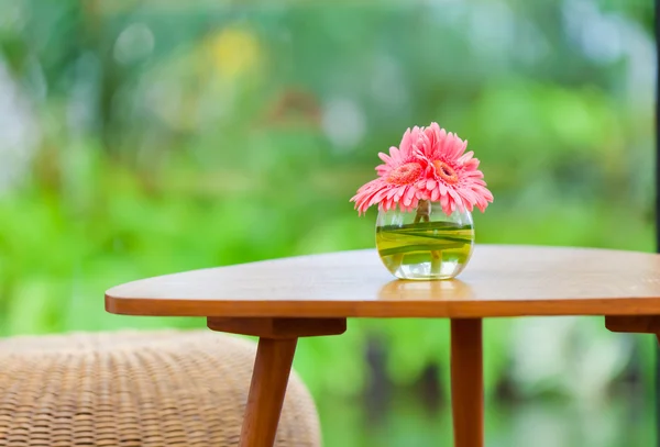 Pink flowers in vase on table in the garden — Stock Photo, Image