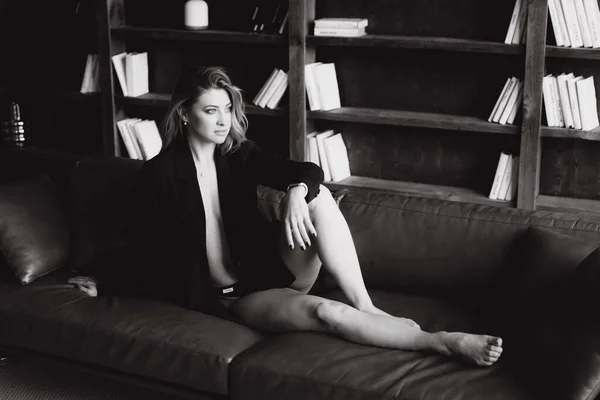 Gorgeous Naked Girl Blonde Black Lingerie Jacket Beautiful Legs War — Stock Photo, Image