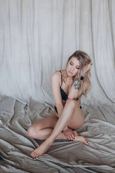 Gorgeous Naked Girl Blonde Black Lingerie Jacket Beautiful Legs War — Stock Photo, Image