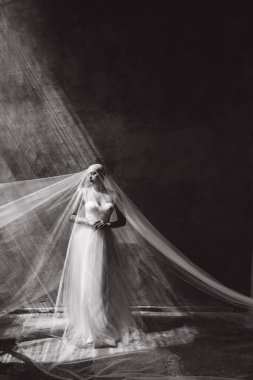 Bald beautiful bride in a luxurious wedding dress in red lipstick and a long veil is sick with cancer