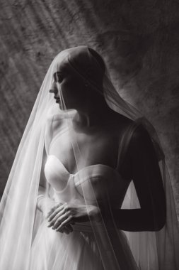 Bald beautiful bride in a luxurious wedding dress in red lipstick and a long veil is sick with cancer
