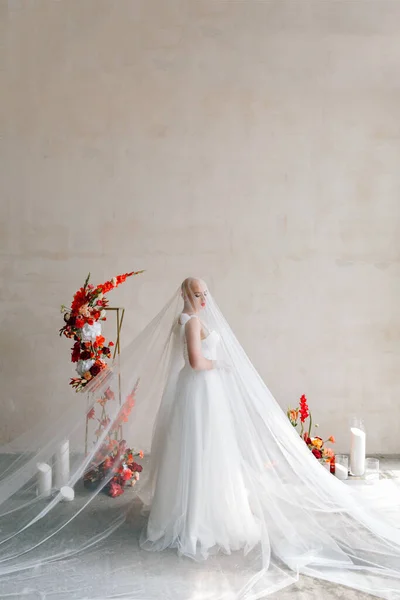 Bald Beautiful Bride Luxurious Wedding Dress Red Lipstick Long Veil — Fotografia de Stock