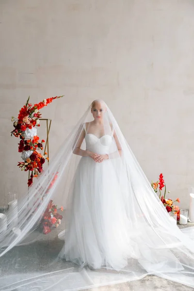 Лисий Красива Наречена Розкішній Весільній Сукні Червоній Помаді Довга Завіса — стокове фото