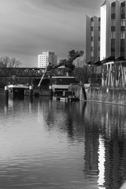 Frankfurt 'un Westhafen bölgesindeki gemiden gemiye kömür boşaltımı yapılıyor.