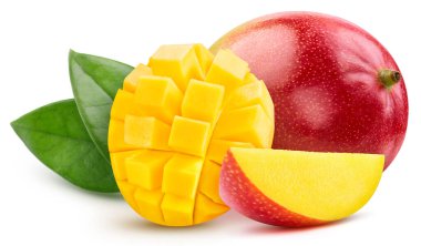 Mango ve yapraklar, beyaz arkaplanda izole edilmiş.